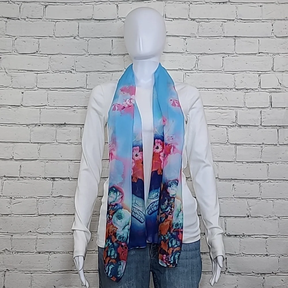 Unbranded Flowy Vibrant Floral Sheer Chiffon Classic Oblong Scarf Bl/Pnk Multi
